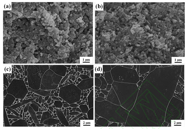 (a, c) Microestrutura da amostra após nitretação sem adição e (b, d) microestrutura da amostra após nitretação com pó enterrado contendo C (a, b) e microestrutura de nitreto de silício após ar